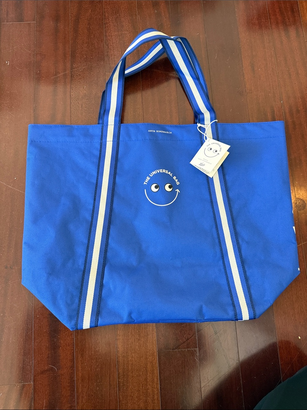 Anya Hindmarch x Boots Universal Bag Royal Blue Smiley Tote with Striped Handles